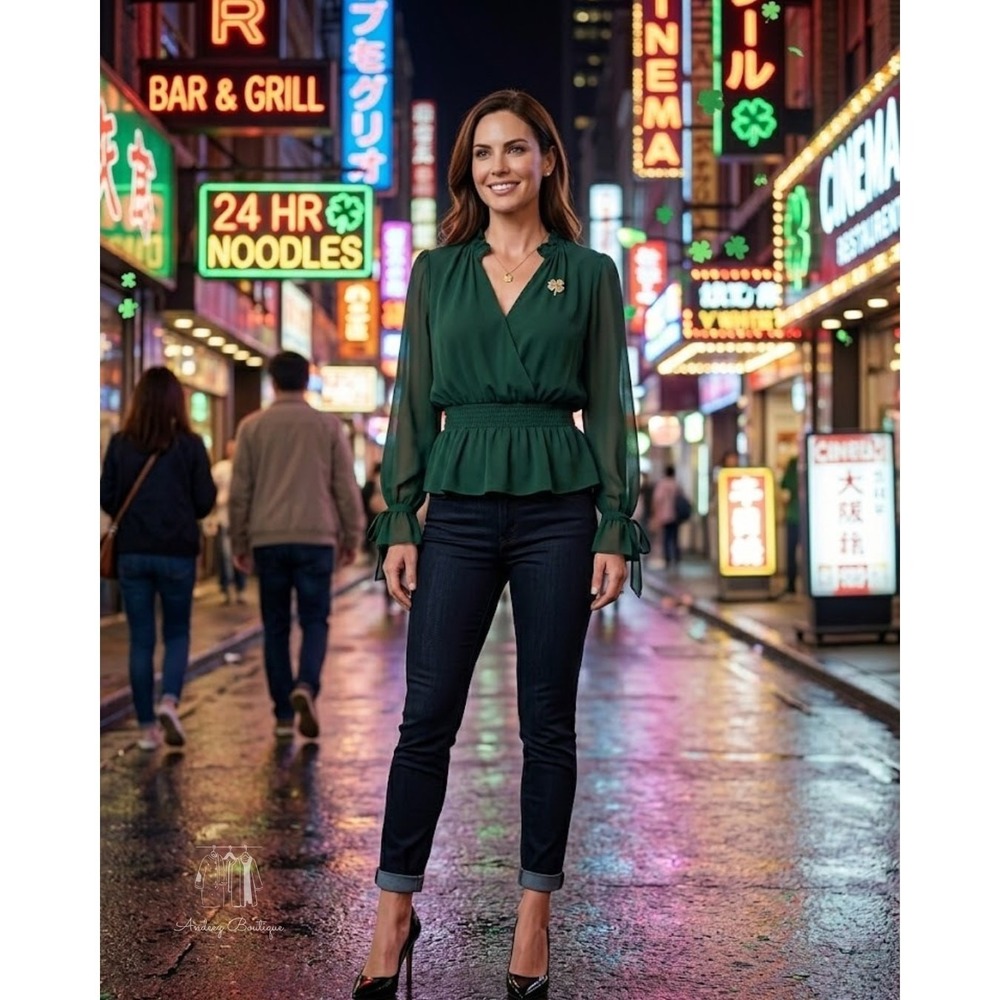 Womens Dark Green Chiffon Blouse V Neck Long Sleeve Smocked Hem Career Top L
